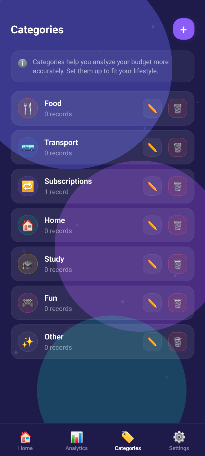 Budget Buddy categories screen